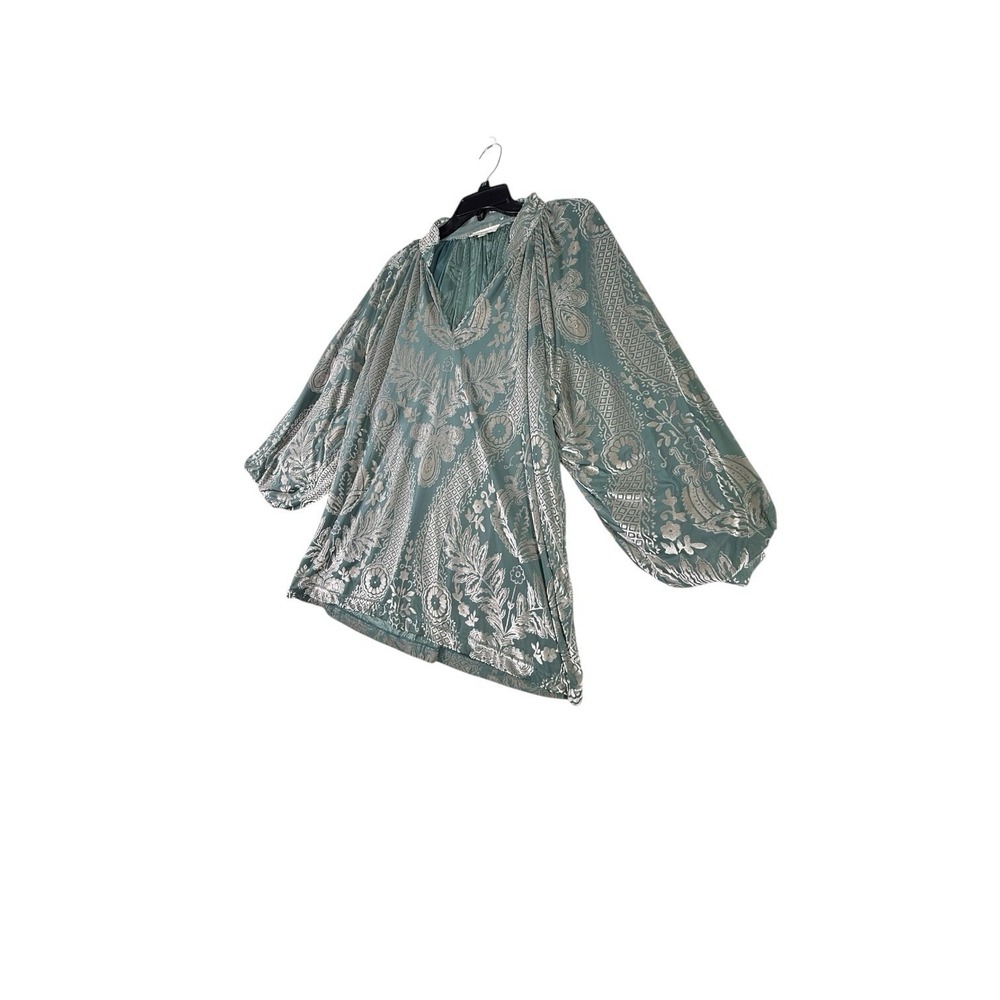 Umgee 1XL Sage Green Metallic Floral Boho Peasant Blouse Balloon Sleeve Top - Picture 3 of 13